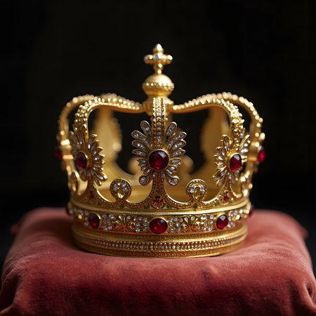 golden crown on a red cloth on a black background close upの素材