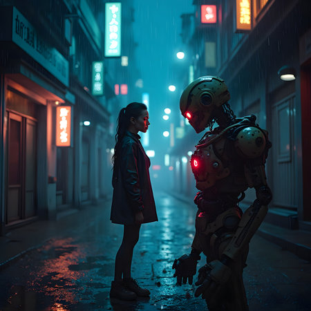 Robot and girl in the rain at night. 3D rendering.の素材