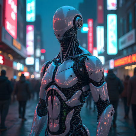3D rendering of a female robot in the city at night.の素材