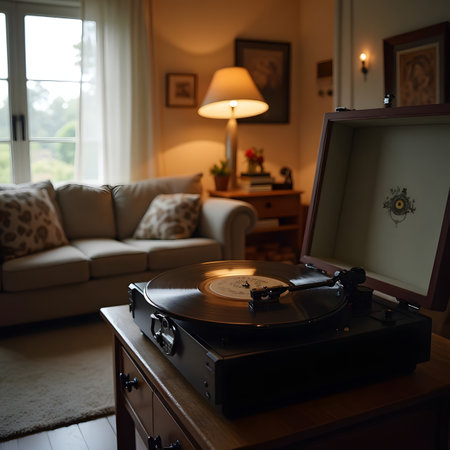 Vintage vinyl record player on a wooden table in a living roomの素材
