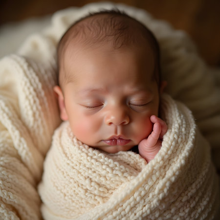 Cute newborn baby sleeping wrapped in a warm knitted plaidの素材