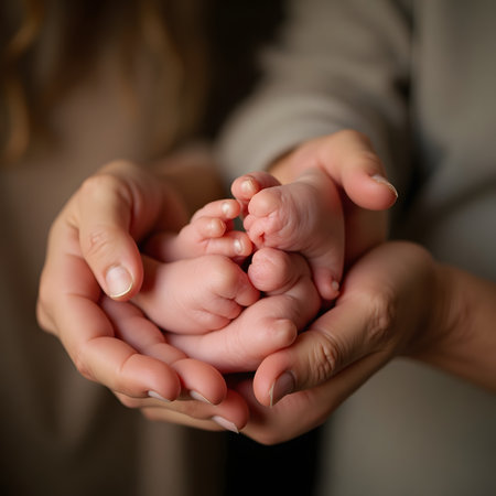 Newborn baby feet in mother's hands, close-up, soft focusの素材