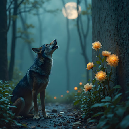 The wolf in the dark forest at night with full moon and flowersの素材