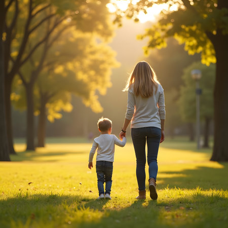 Mother and son walking in the park at sunset, back view.の素材