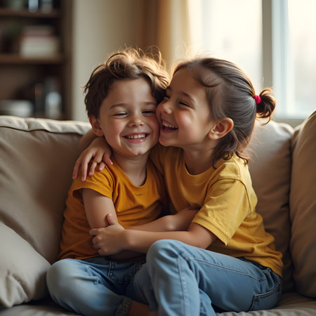 happy children hugging while sitting on sofa in living room at home togetherの素材