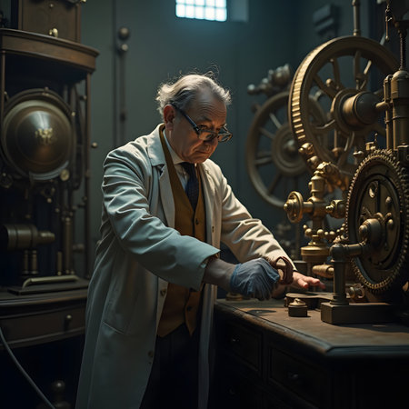 Portrait of an old man in a lab coat and glasses at the laboratory.の素材