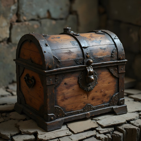 Wooden treasure chest on the background of the old brick wall.の素材