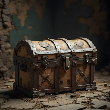 Treasure chest in the ruins of an old factory. Selective focus.の素材