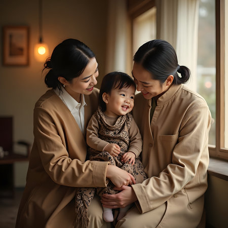 Happy asian family with little daughter in living room at home.の素材