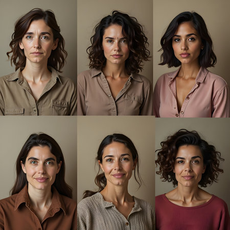 Portraits of beautiful women in front of a gray background, collageの素材