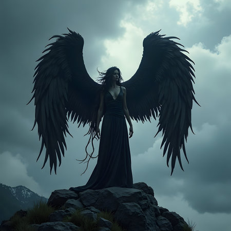 Woman with black angel wings on the top of a mountain. 3d renderingの素材