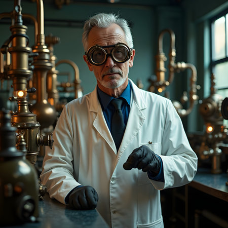 Portrait of a senior male scientist in lab coat and glasses.の素材