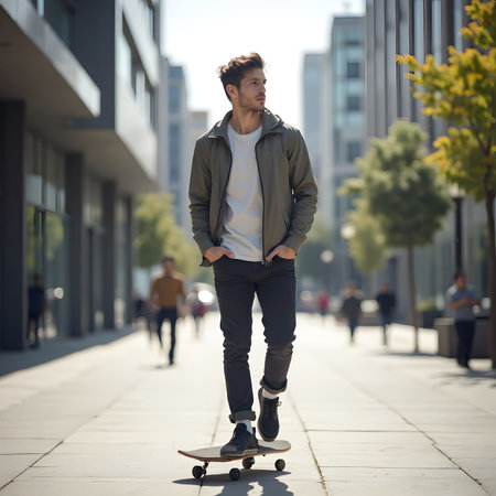 young man riding a skateboard in the city on a sunny dayの素材