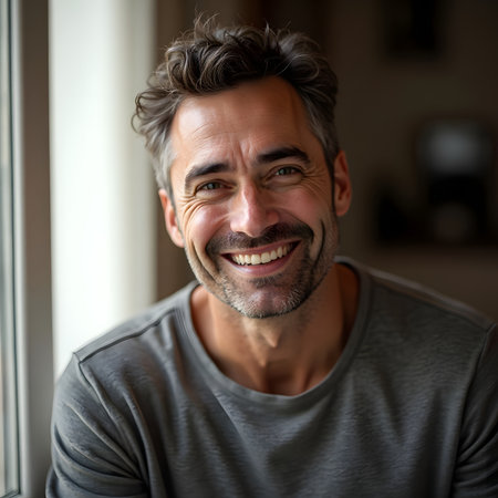 Portrait of handsome man smiling and looking at camera while sitting at homeの素材