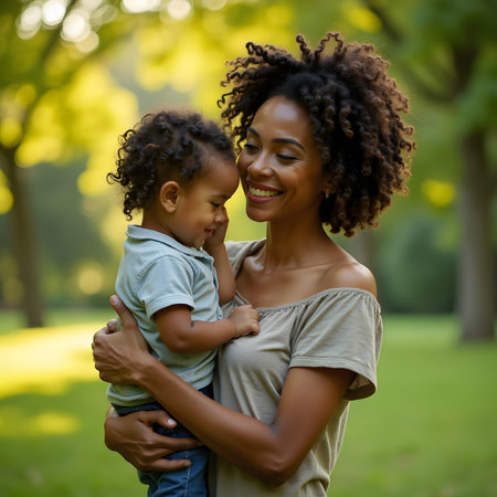 Happy african american mother with her little son in the parkの素材