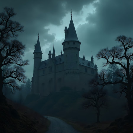 Castle in a foggy forest. 3D render. Halloween conceptの素材