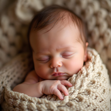 Cute newborn baby sleeping in warm knitted plaid, closeupの素材