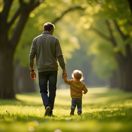 father and son walking in the park on a sunny day. family timeの素材