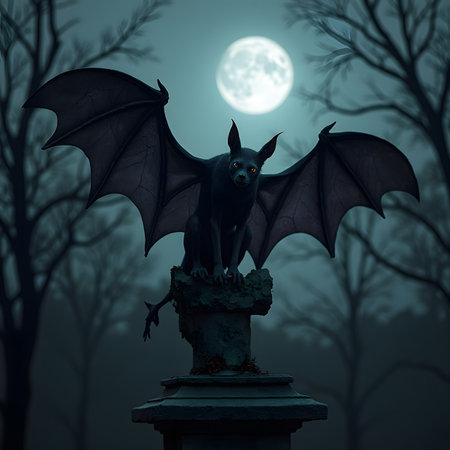 3d render of a black bat standing on a grave at nightの素材