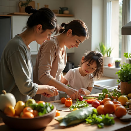 Happy family is cooking together in the kitchen. Mother and daughter are cutting vegetables.の素材
