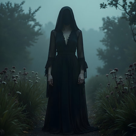 Woman in death costume walking in the forest. 3D rendering.の素材