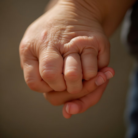 Baby holding mother's hand, close-up, shallow depth of fieldの素材