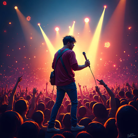 Male singer with microphone in front of crowd at concert. Concert concept.の素材