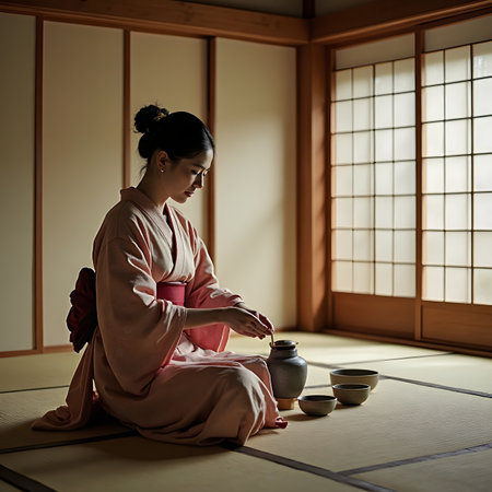Japanese woman in kimono with tea set sitting on the floorの素材