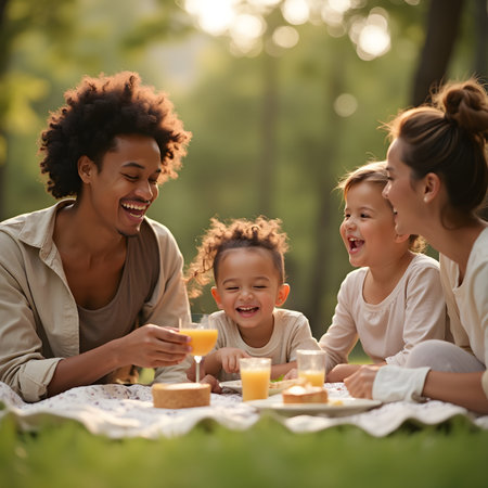 Happy family. Mother and her daughters having a picnic in the park.の素材