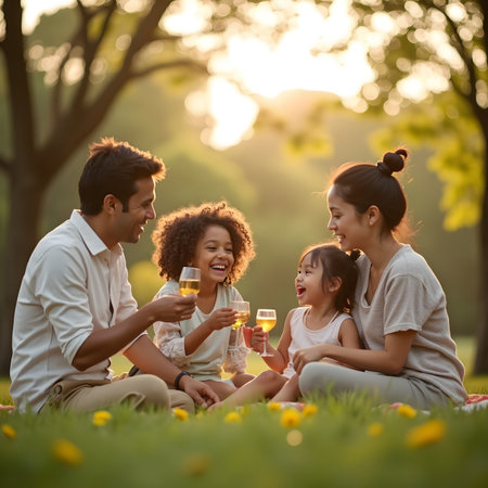 happy asian family with wine glasses having picnic in park at sunsetの素材