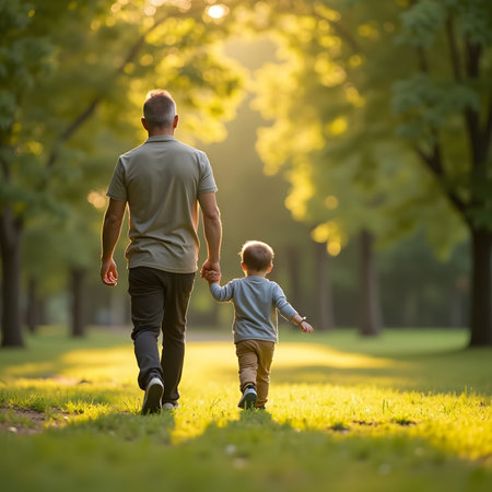 Father and son walking in the park. Father's day concept.の素材