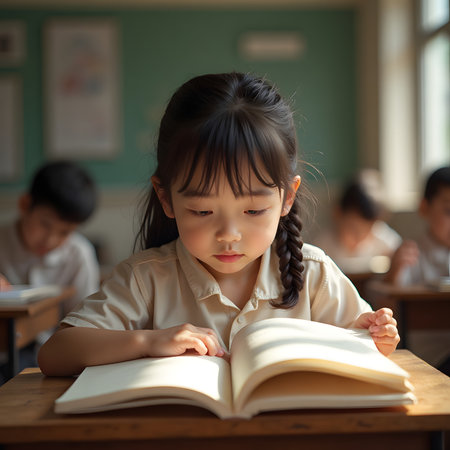 Portrait of little Asian girl reading a book in the classroom.の素材