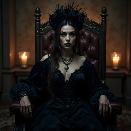 Portrait of a beautiful young woman in a black dress with a crown on her head sitting in a chair at home.の素材