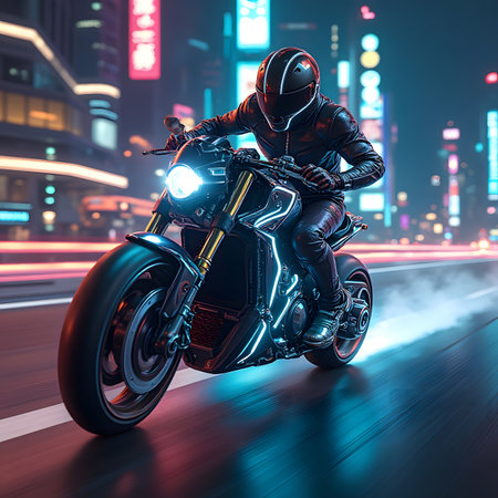 Motorcyclist riding on a motorcycle on the road at night.の素材