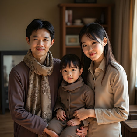 Portrait of a happy asian family at home. Happy family concept.の素材