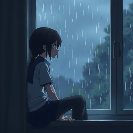 A girl is sitting on the windowsill and looking at the rain.の素材