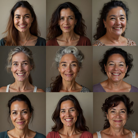 Portraits of beautiful women in a collage, happy and smilingの素材
