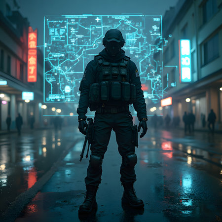 Special forces soldier in the night city. 3D Rendering.の素材