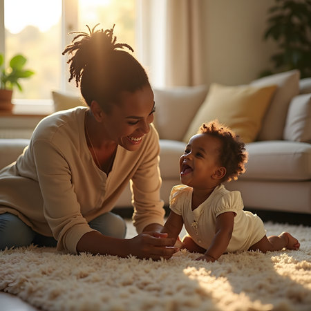 Beautiful Afro American woman playing with her little daughter at homeの素材