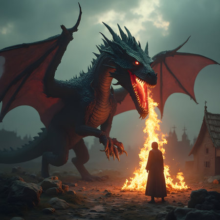 Dragon and woman in the dark. Halloween concept. 3d renderingの素材