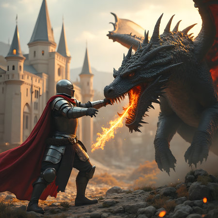 Knight in armor fighting with dragon on background of medieval castle. Fantasy concept.の素材