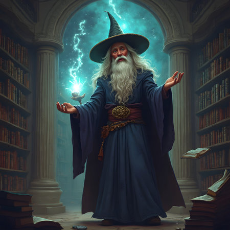 Old wizard in the library. Halloween theme. 3D rendering.の素材