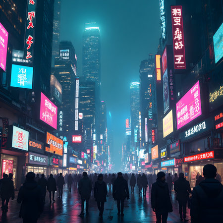 Crowds of people walking in the streets of Hong Kong at night.の素材