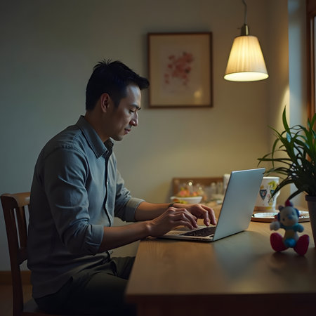 Young Asian man using laptop computer at home. Working from home concept.の素材