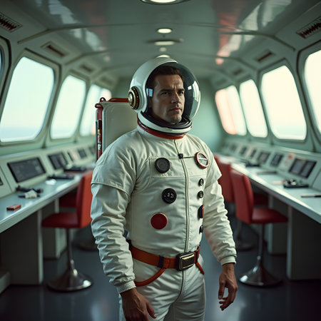 Portrait of an astronaut in a spacesuit against the background of the sea.の素材