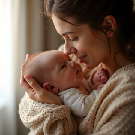 Portrait of happy young mother and her adorable baby at home.の素材