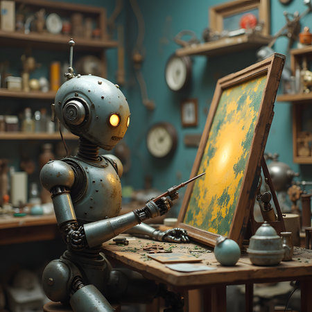 Vintage robot with oil painting in a workshop. Artificial intelligence concept.の素材
