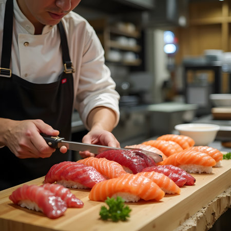 Japanese chef cutting salmon sashimi on wood board in restaurant kitchenの素材
