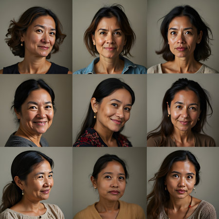 Portraits of beautiful Asian women smiling and looking at camera in studioの素材