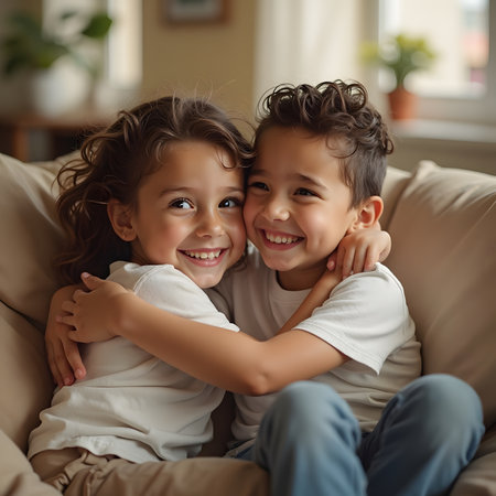Portrait of a cute little boy and girl hugging while sitting on a sofa at homeの素材